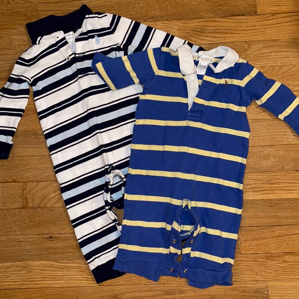 Ralph Lauren Kids Striped Polo Rompers in Blue, Yellow & White